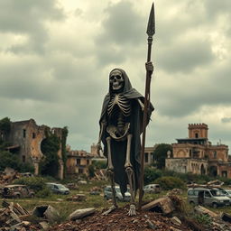 A standing skeleton holding a spear in a post-apocalyptic world, with the backdrop of the city of Cádiz, Spain, portrayed in a ruined, desolate state