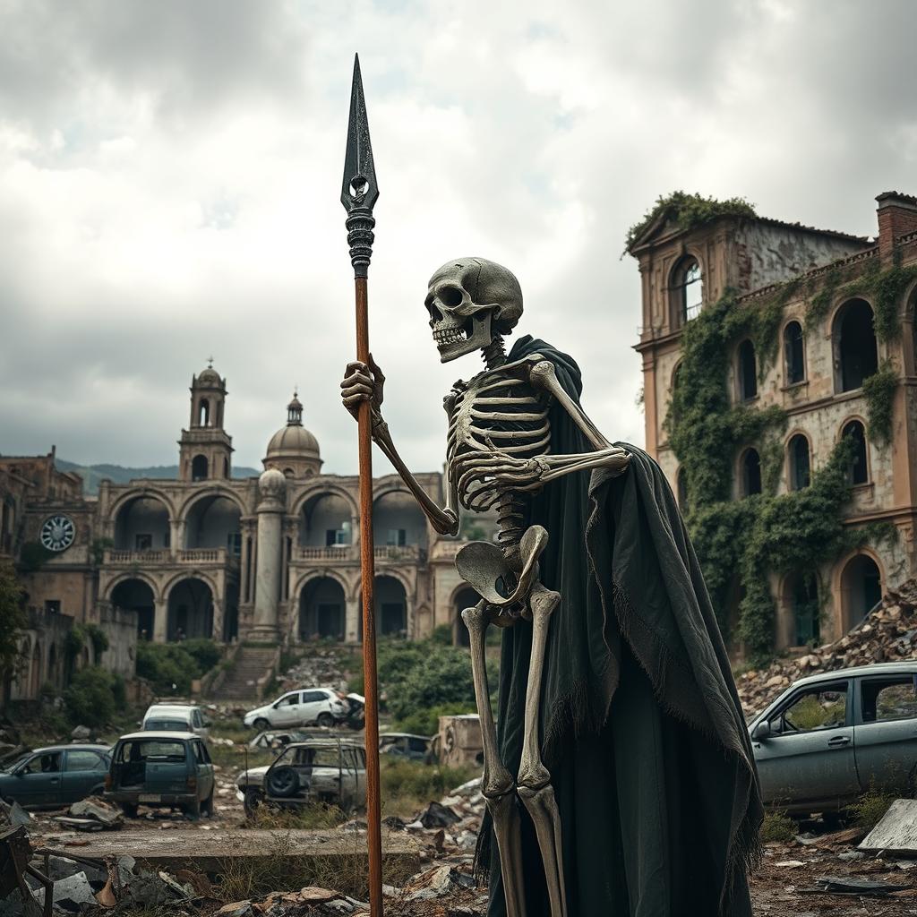 A standing skeleton holding a spear in a post-apocalyptic world, with the backdrop of the city of Cádiz, Spain, portrayed in a ruined, desolate state