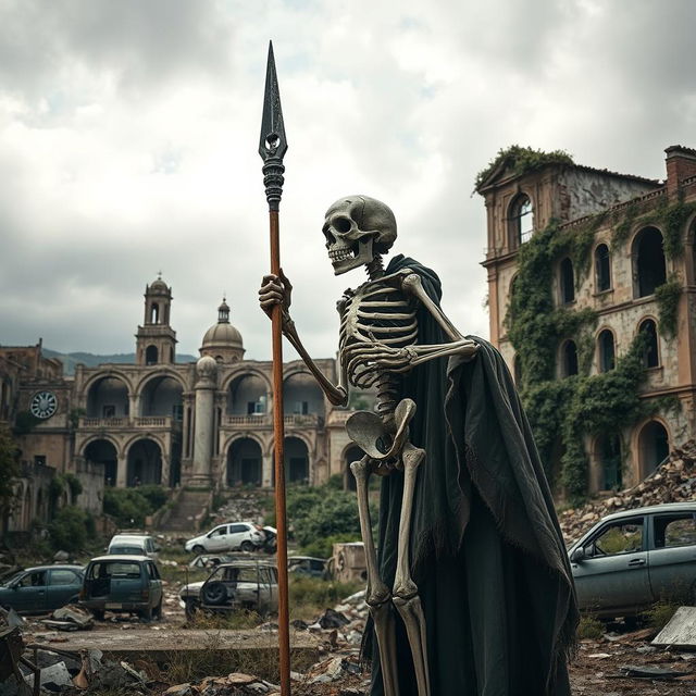 A standing skeleton holding a spear in a post-apocalyptic world, with the backdrop of the city of Cádiz, Spain, portrayed in a ruined, desolate state