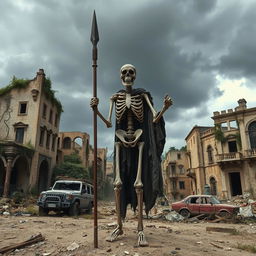 A standing skeleton holding a spear in a post-apocalyptic world, with the backdrop of the city of Cádiz, Spain, portrayed in a ruined, desolate state