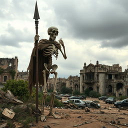 A standing skeleton holding a spear in a post-apocalyptic world, with the backdrop of the city of Cádiz, Spain, portrayed in a ruined, desolate state