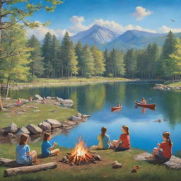 A vibrant, lifelike artwork featuring children partaking in various spring camp activities such as bird-watching, butterfly netting, canoeing on a serene lake, and roasting marshmallows around a crackling campfire under a clear blue sky.