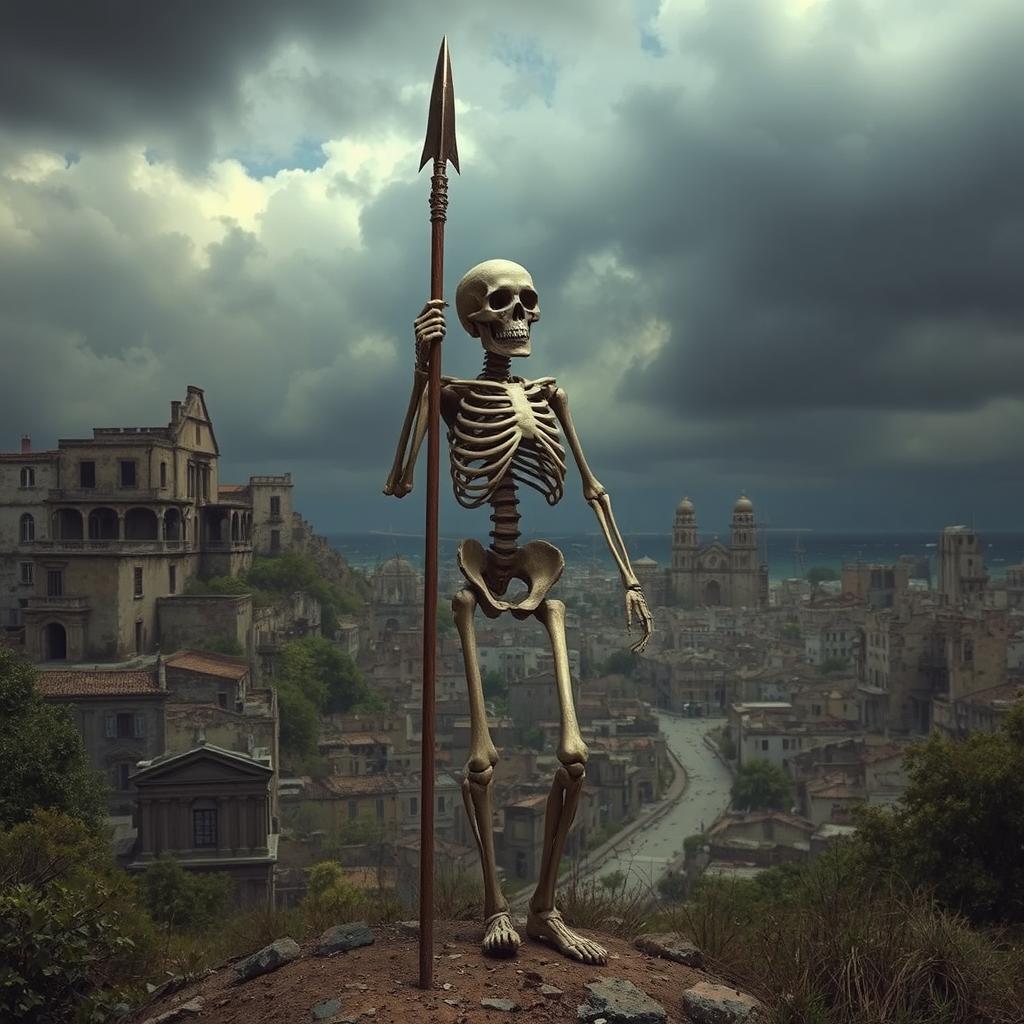 A standing skeleton holding a spear, with the city of Cádiz, Spain, in the background depicted in a post-apocalyptic style