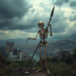 A standing skeleton holding a spear, with the city of Cádiz, Spain, in the background depicted in a post-apocalyptic style