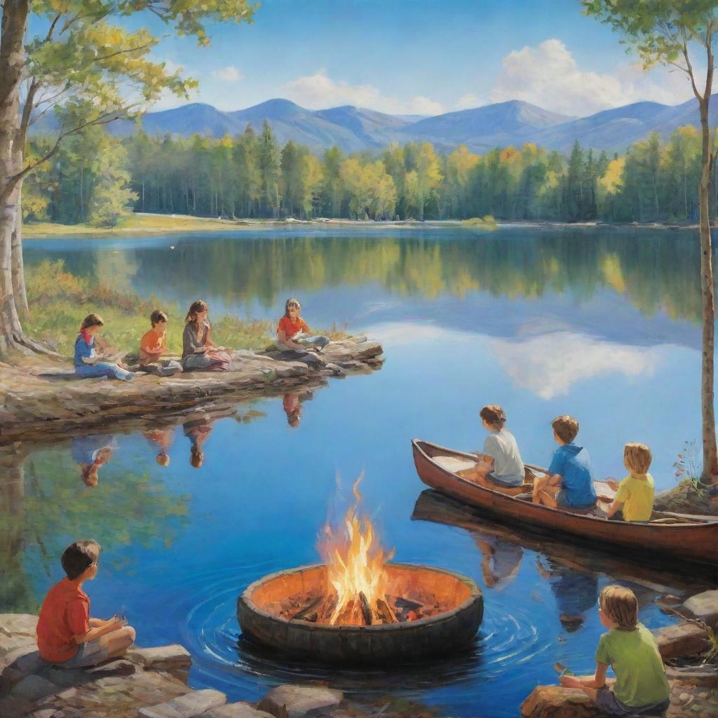 A vibrant, lifelike artwork featuring children partaking in various spring camp activities such as bird-watching, butterfly netting, canoeing on a serene lake, and roasting marshmallows around a crackling campfire under a clear blue sky.