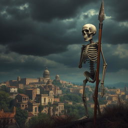 A standing skeleton holding a spear, with the city of Cádiz, Spain, in the background depicted in a post-apocalyptic style