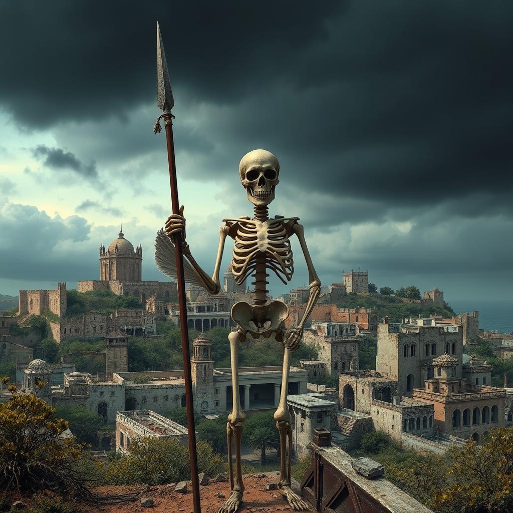 A standing skeleton holding a spear, with the city of Cádiz, Spain, in the background depicted in a post-apocalyptic style