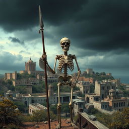 A standing skeleton holding a spear, with the city of Cádiz, Spain, in the background depicted in a post-apocalyptic style