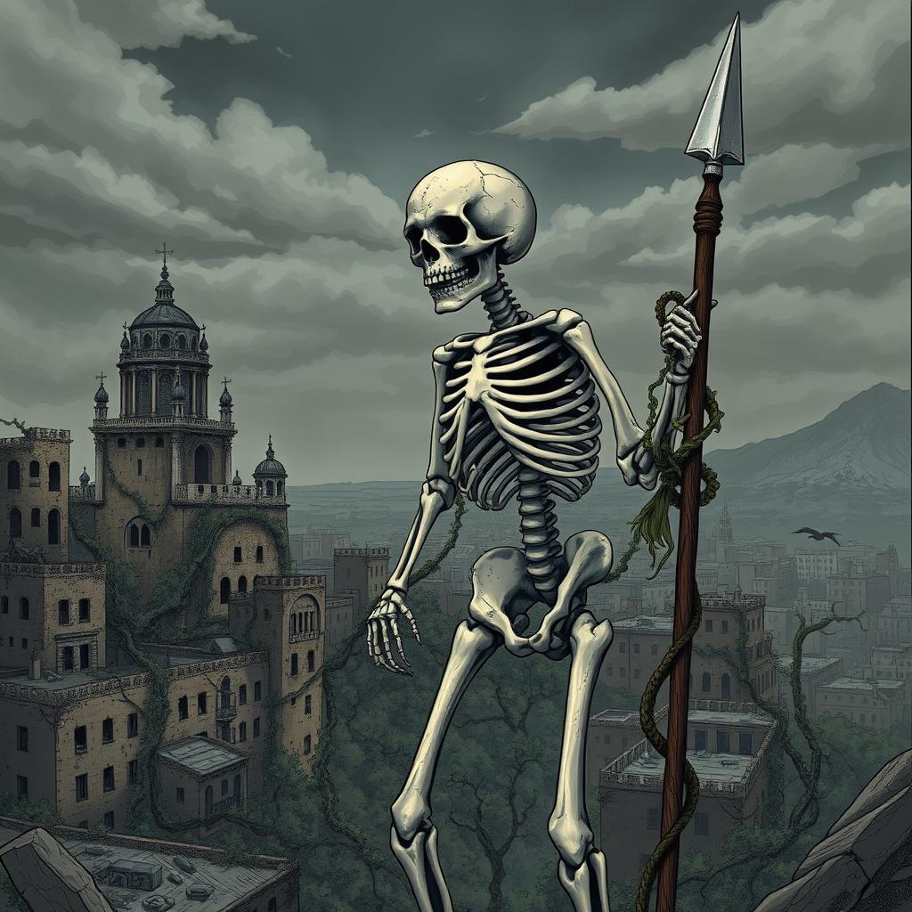 A standing skeleton holding a spear, with the city of Cádiz in the background illustrated in a post-apocalyptic style