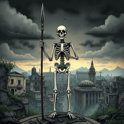 A standing skeleton holding a spear, with the city of Cádiz in the background illustrated in a post-apocalyptic style