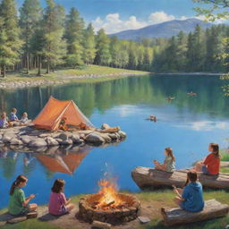 A vibrant, lifelike artwork featuring children partaking in various spring camp activities such as bird-watching, butterfly netting, canoeing on a serene lake, and roasting marshmallows around a crackling campfire under a clear blue sky.