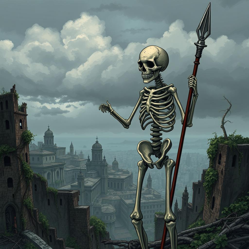 A standing skeleton holding a spear, with the city of Cádiz in the background illustrated in a post-apocalyptic style