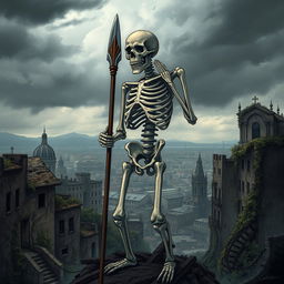 A standing skeleton holding a spear, with the city of Cádiz in the background illustrated in a post-apocalyptic style