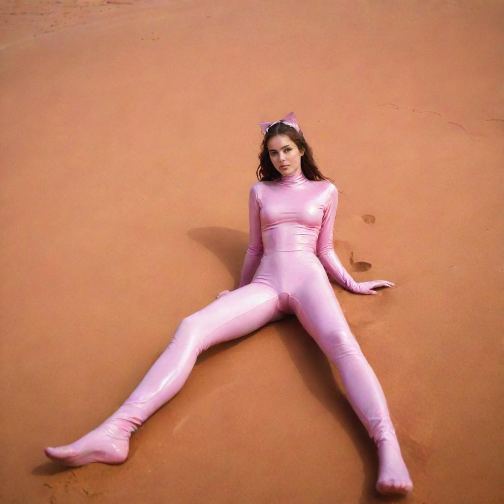 Image of a stylish girl in a pink catsuit and long latex socks, barefoot, laying in the stark beauty of the Sahara desert.