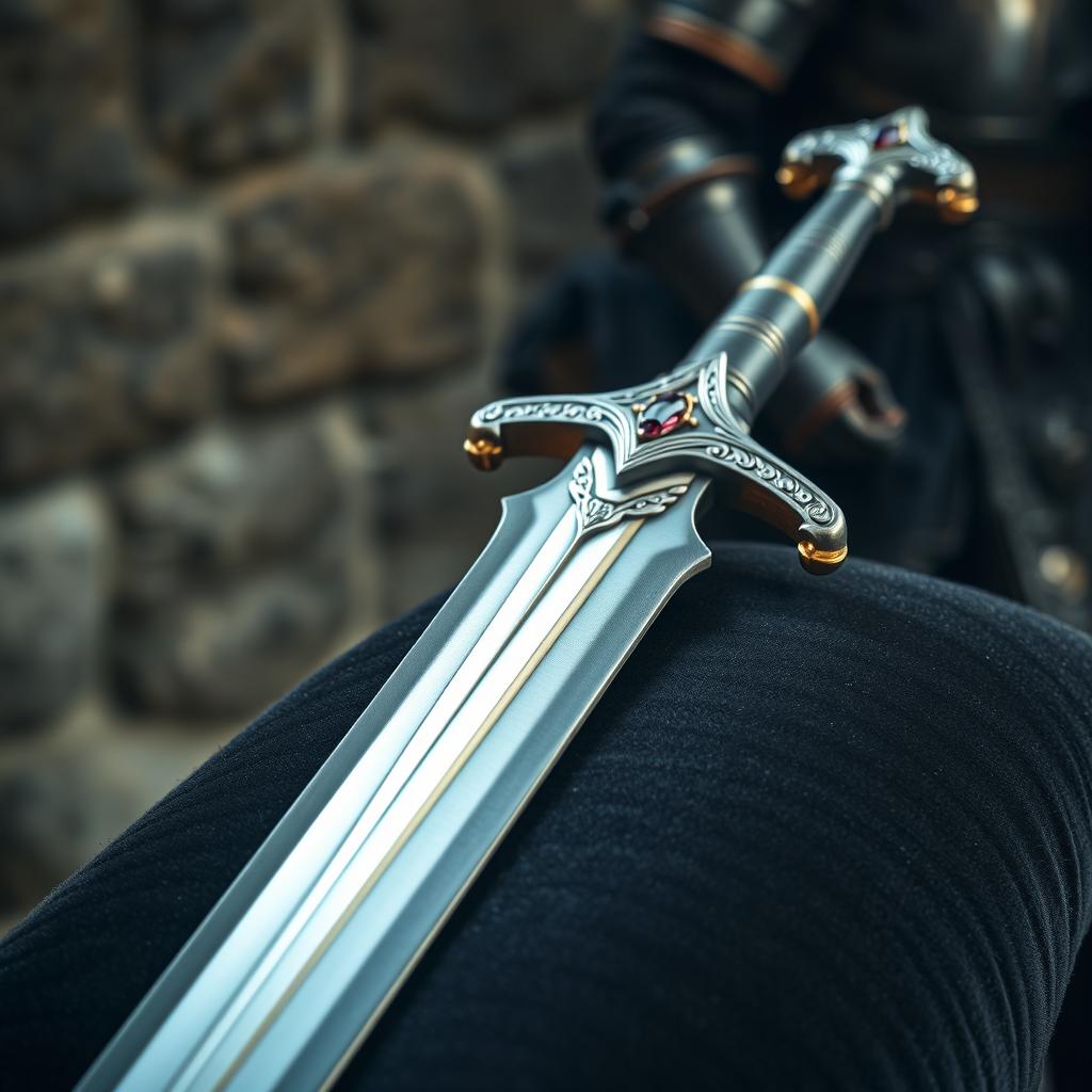 A beautifully crafted medieval sword, glistening with silver and gold accents, resting on a dark velvet cushion