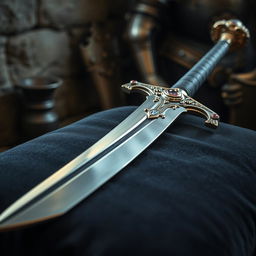 A beautifully crafted medieval sword, glistening with silver and gold accents, resting on a dark velvet cushion