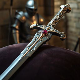 A beautifully crafted medieval sword, glistening with silver and gold accents, resting on a dark velvet cushion