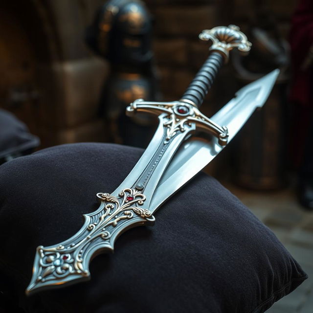 A beautifully crafted medieval sword, glistening with silver and gold accents, resting on a dark velvet cushion