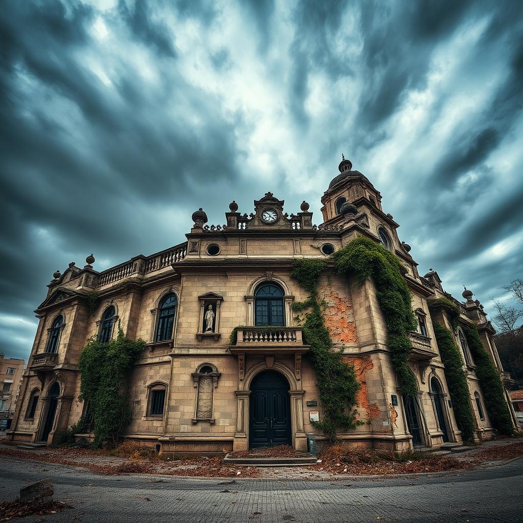 The Ayuntamiento de Cádiz, Spain, depicted in a striking post-apocalyptic style