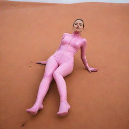 Image of a stylish girl in a pink catsuit and long latex socks, barefoot, laying in the stark beauty of the Sahara desert.