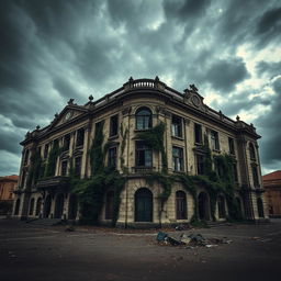 The Ayuntamiento de Cádiz, Spain, depicted in a striking post-apocalyptic style