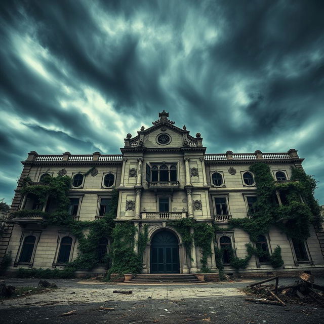 The Ayuntamiento de Cádiz, Spain, depicted in a striking post-apocalyptic style