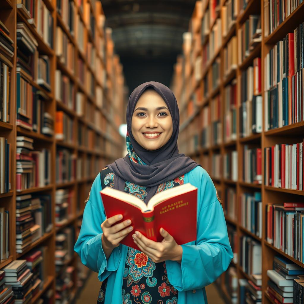 A Muslim woman in a colorful terbon, holding an open book, stands confidently in the center of a library filled with tall bookshelves and stacks of books