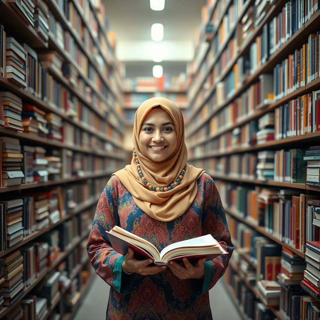 A Muslim woman in a colorful terbon, holding an open book, stands confidently in the center of a library filled with tall bookshelves and stacks of books