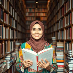 A Muslim woman in a colorful terbon, holding an open book, stands confidently in the center of a library filled with tall bookshelves and stacks of books
