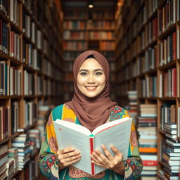 A Muslim woman in a colorful terbon, holding an open book, stands confidently in the center of a library filled with tall bookshelves and stacks of books