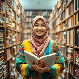 A Muslim woman in a colorful terbon, holding an open book, stands confidently in the center of a library filled with tall bookshelves and stacks of books