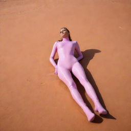 Image of a stylish girl in a pink catsuit and long latex socks, barefoot, laying in the stark beauty of the Sahara desert.