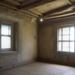 A room with two doors, one on the north wall's right side and the other on the west wall's right side. Two windows, a three-compartment window on the south wall's middle and a 4-compartment window on the east wall's middle. Contains a single bed.