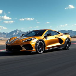 A stunning fusion of the Corvette C8 and Lamborghini Urus, resulting in a 4-door crossover utility vehicle (CUV) that embodies a perfect blend of luxury and performance, presented in an eye-catching matte gold finish