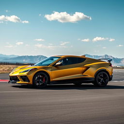 A stunning fusion of the Corvette C8 and Lamborghini Urus, resulting in a 4-door crossover utility vehicle (CUV) that embodies a perfect blend of luxury and performance, presented in an eye-catching matte gold finish