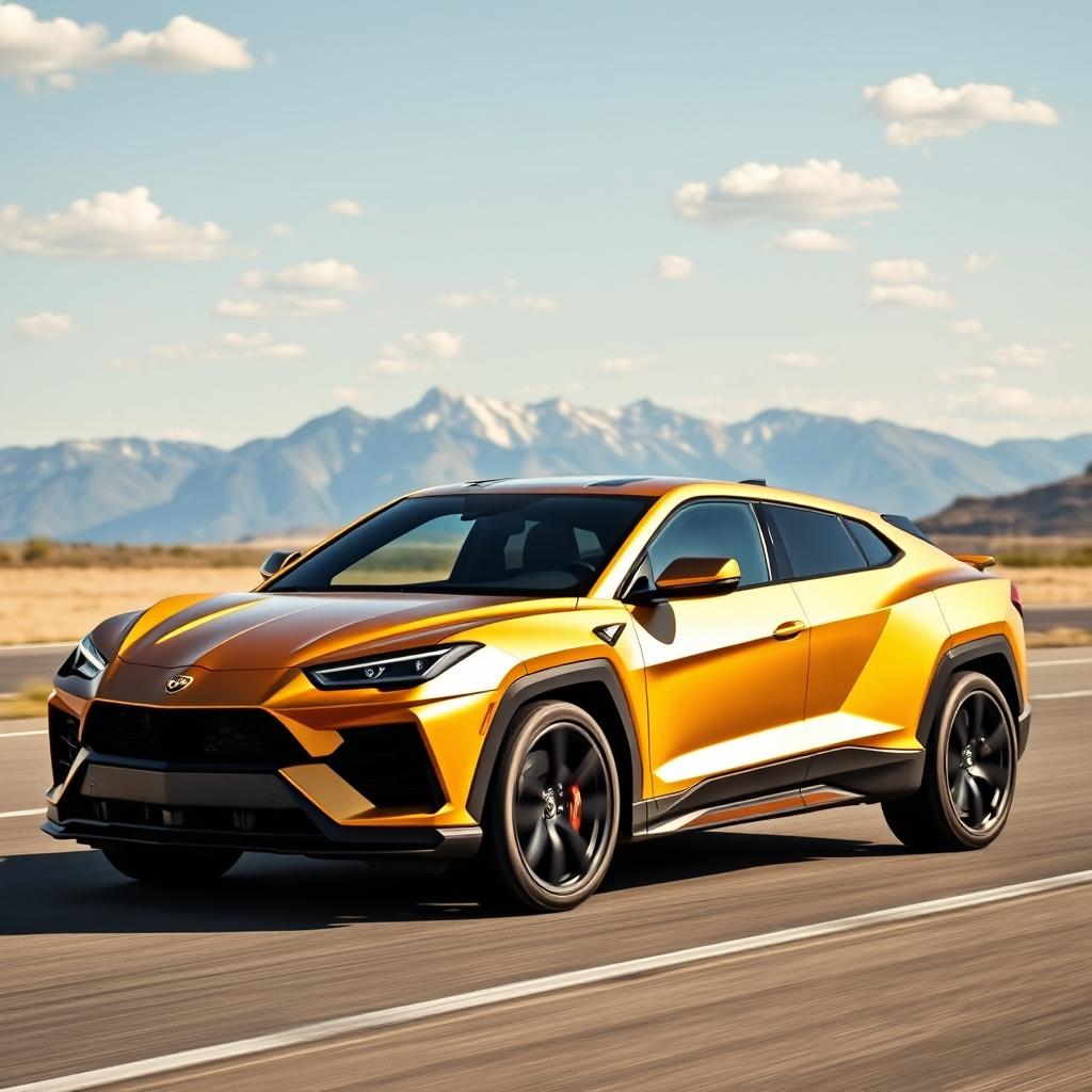 A stunning fusion of the Corvette C8 and Lamborghini Urus, resulting in a 4-door crossover utility vehicle (CUV) that embodies a perfect blend of luxury and performance, presented in an eye-catching matte gold finish