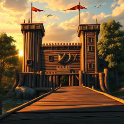 A detailed and artistic representation of a wooden fort, showcasing its robust structure made of timber, with tall wooden towers, a fortified wall, and a drawbridge