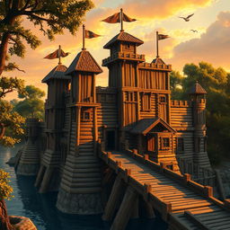 A detailed and artistic representation of a wooden fort, showcasing its robust structure made of timber, with tall wooden towers, a fortified wall, and a drawbridge