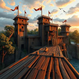 A detailed and artistic representation of a wooden fort, showcasing its robust structure made of timber, with tall wooden towers, a fortified wall, and a drawbridge