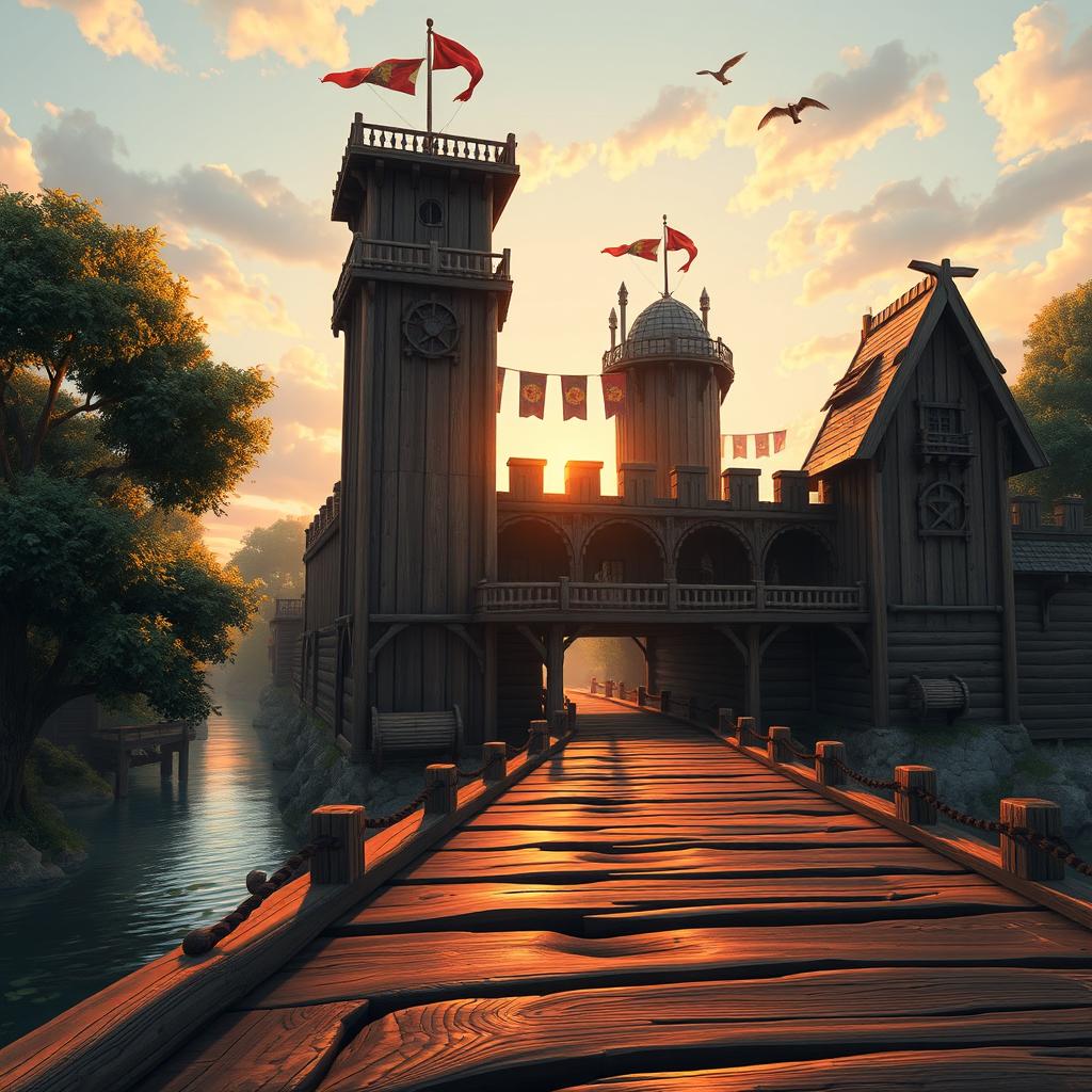 A detailed and artistic representation of a wooden fort, showcasing its robust structure made of timber, with tall wooden towers, a fortified wall, and a drawbridge