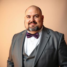 A full-body portrait of a 40-year-old man who is overweight, with brown eyes, bald head, and a beard that is black with some gray hairs