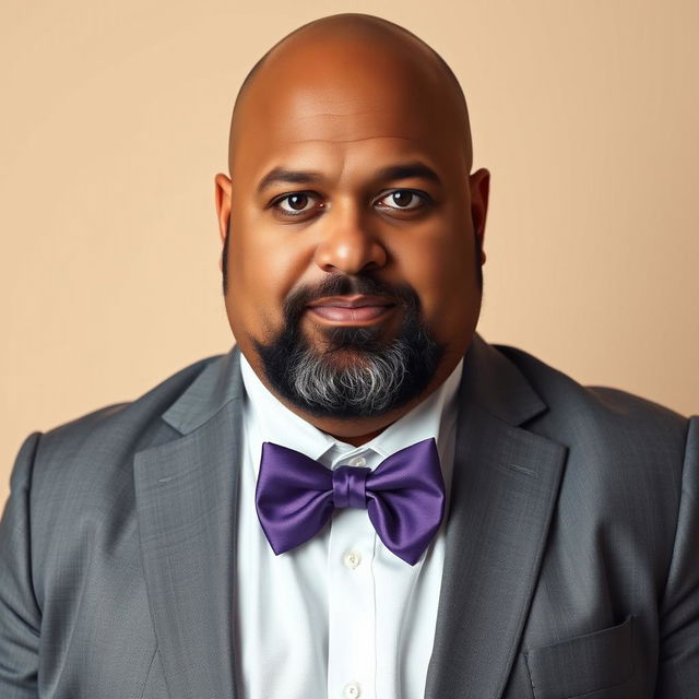 A full-body portrait of a 40-year-old man who is overweight, with brown eyes, bald head, and a beard that is black with some gray hairs