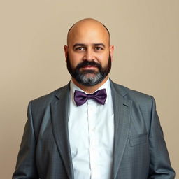 A full-body portrait of a 40-year-old man who is overweight, with brown eyes, bald head, and a beard that is black with some gray hairs