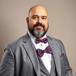 A full-body portrait of a 40-year-old man who is overweight, with brown eyes, bald head, and a beard that is black with some gray hairs