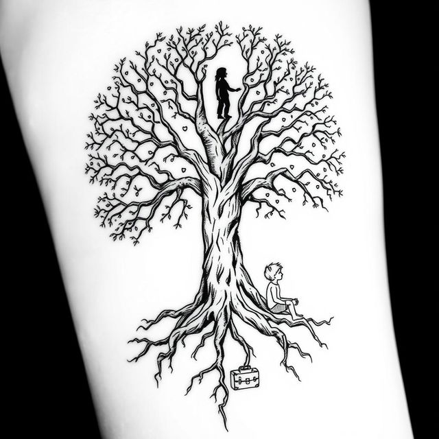 A fine line black and white tattoo design featuring a central Jungian tree with intricate roots