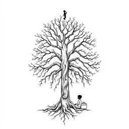 A fine line black and white tattoo design featuring a central Jungian tree with intricate roots