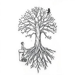 A fine line black and white tattoo design featuring a central Jungian tree with intricate roots