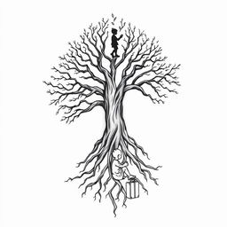 A fine line black and white tattoo design featuring a central Jungian tree with intricate roots