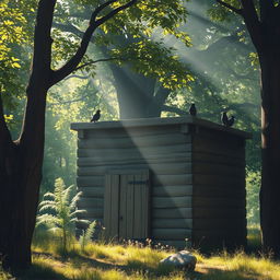 A rustic wooden fort surrounded by trees, with diffused lighting creating a warm and inviting atmosphere