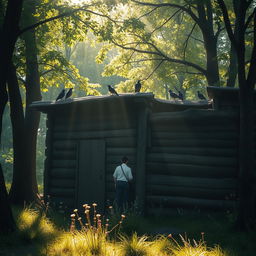 A rustic wooden fort surrounded by trees, with diffused lighting creating a warm and inviting atmosphere